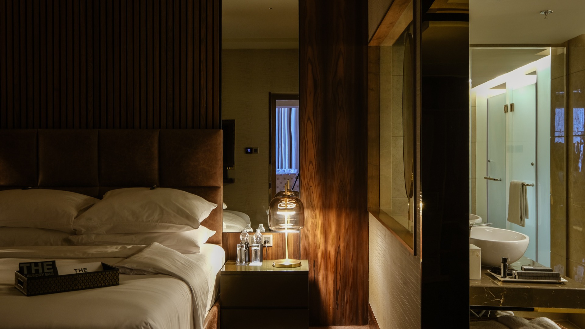 Interior of presidential suite with bathroom set up at The park Hotel Indore