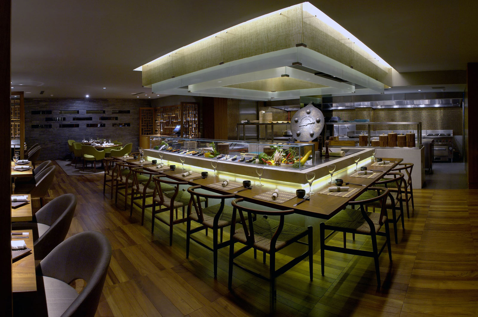 Interior of Zen Restaurant with open kitchens at The Park Hotel Kolkata